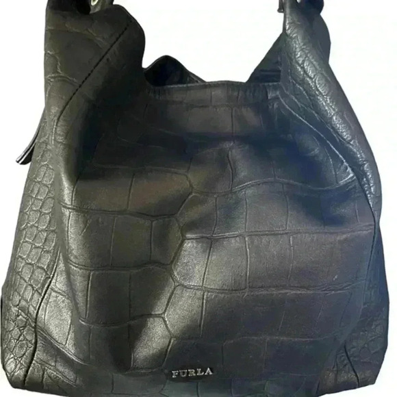 Furla Black Leather Croc‎ Embossed Shoulder Bag Purse - Picture 12 of 16